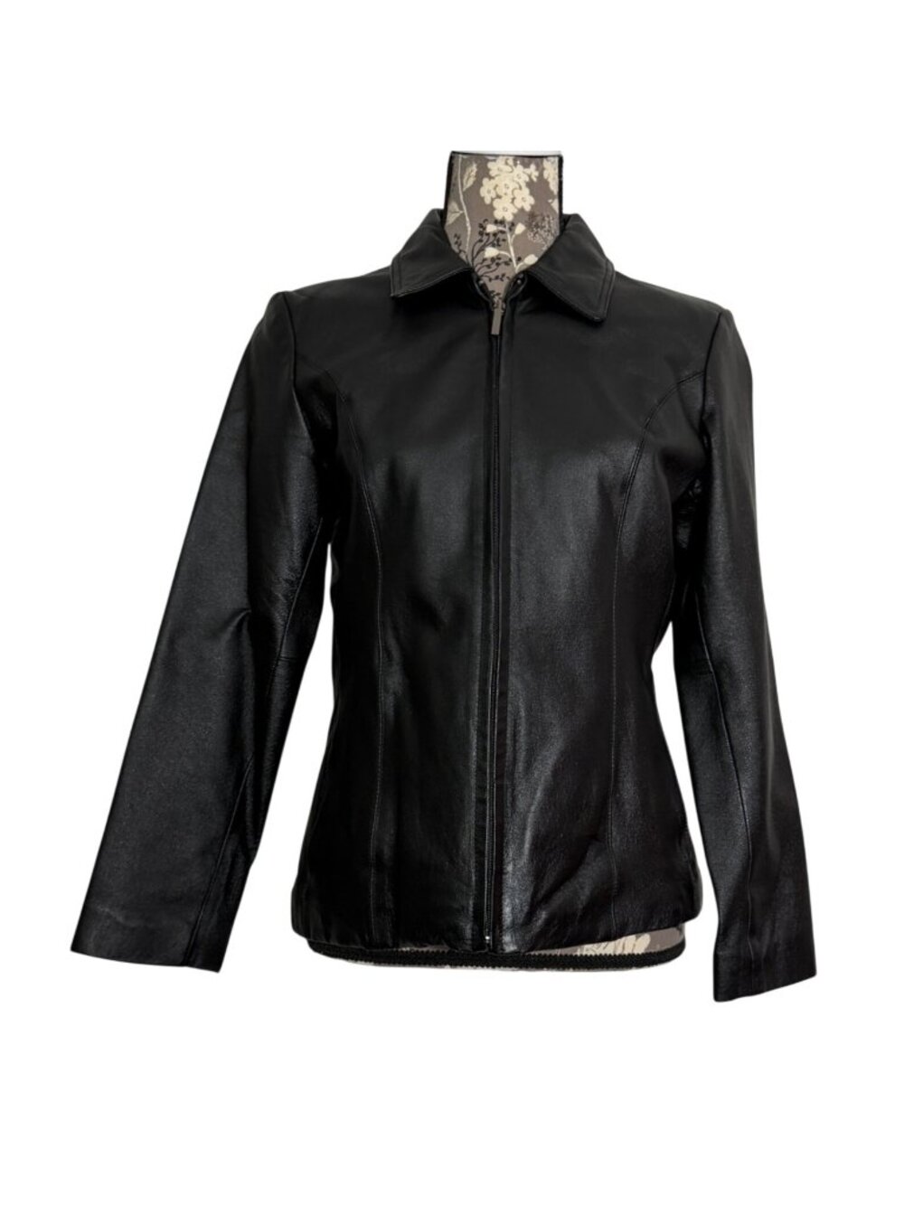 Y2K Worthington Black Genuine Leather Collared Zip Front Jacket Womens Petite SM